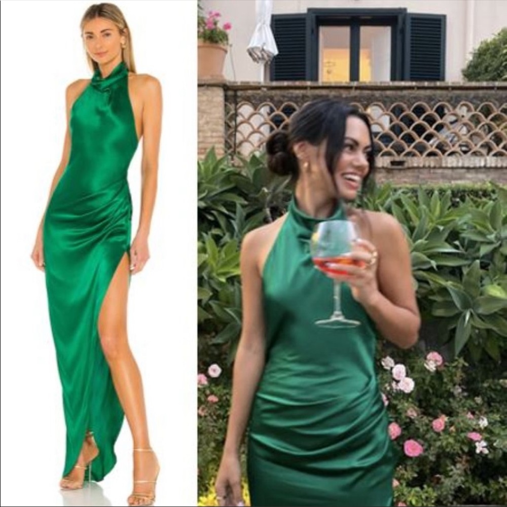 Amanda Uprichard Samba Gown Silk Emerald Green High Neck Halter Dress Size M